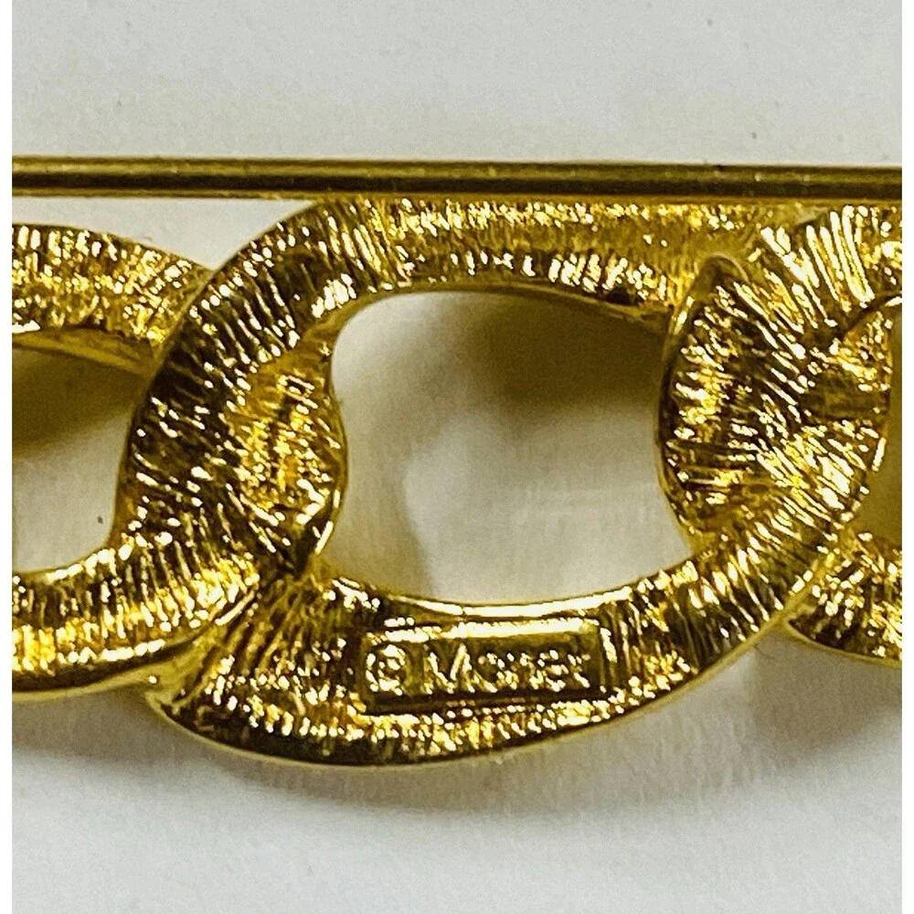 Lot 2 Vintage Monet Brooches Gold Tone Ribbon Curl Chain Link 1980s Signed